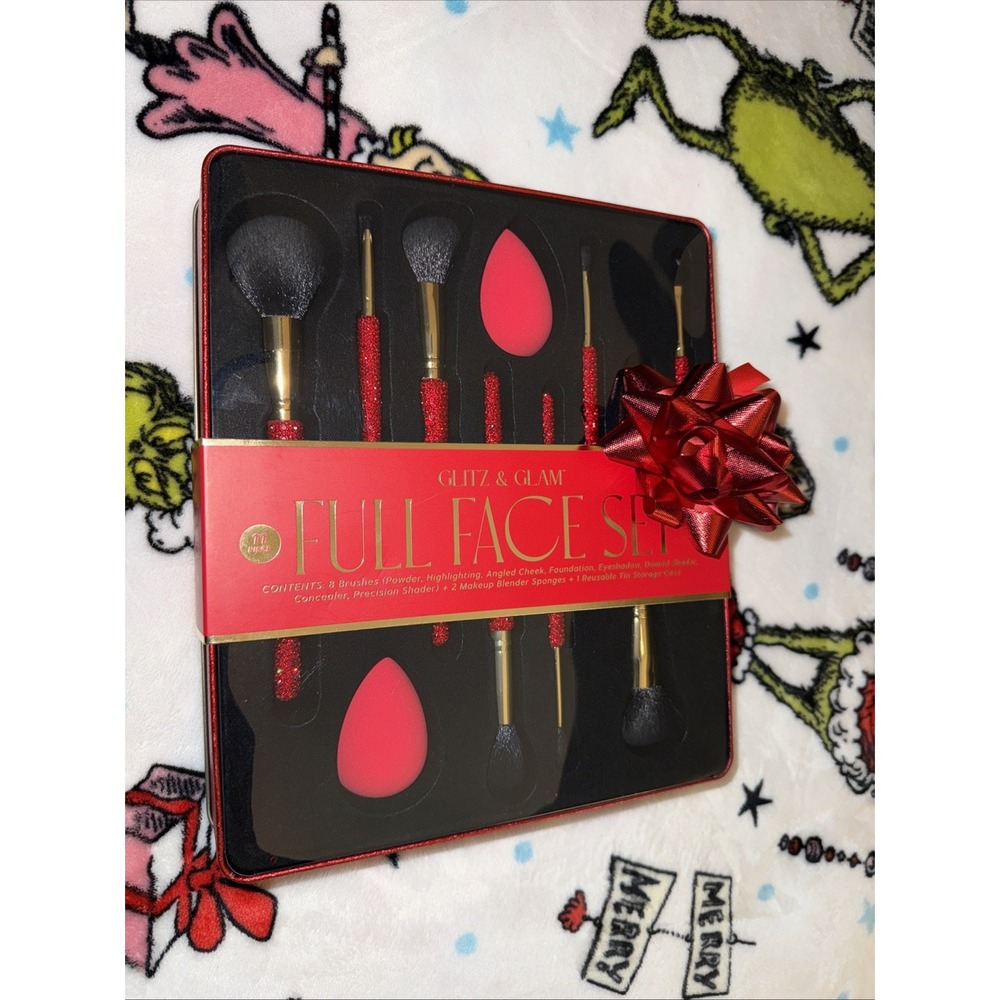 Glitz & Glam Full Face Set 11 Piece Red Glitter Brushes & Sponges NIB Dress Up